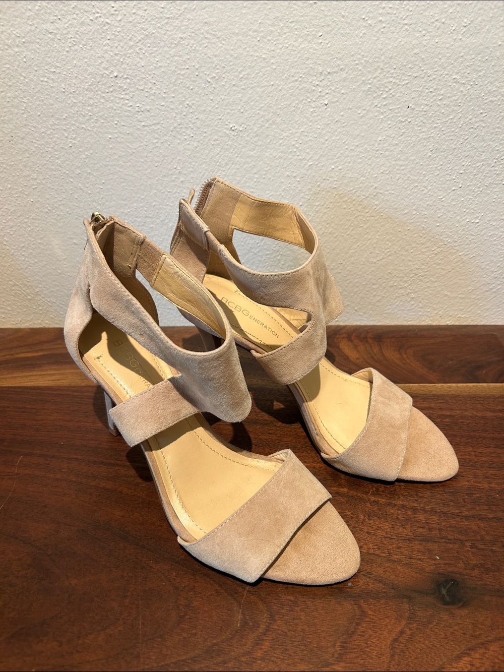 BCBGeneration Nude Suede Open-Toe Ankle Strap Heels